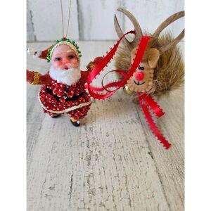 Wooden reindeer sequin beaded Santa vintage ornament Xmas set